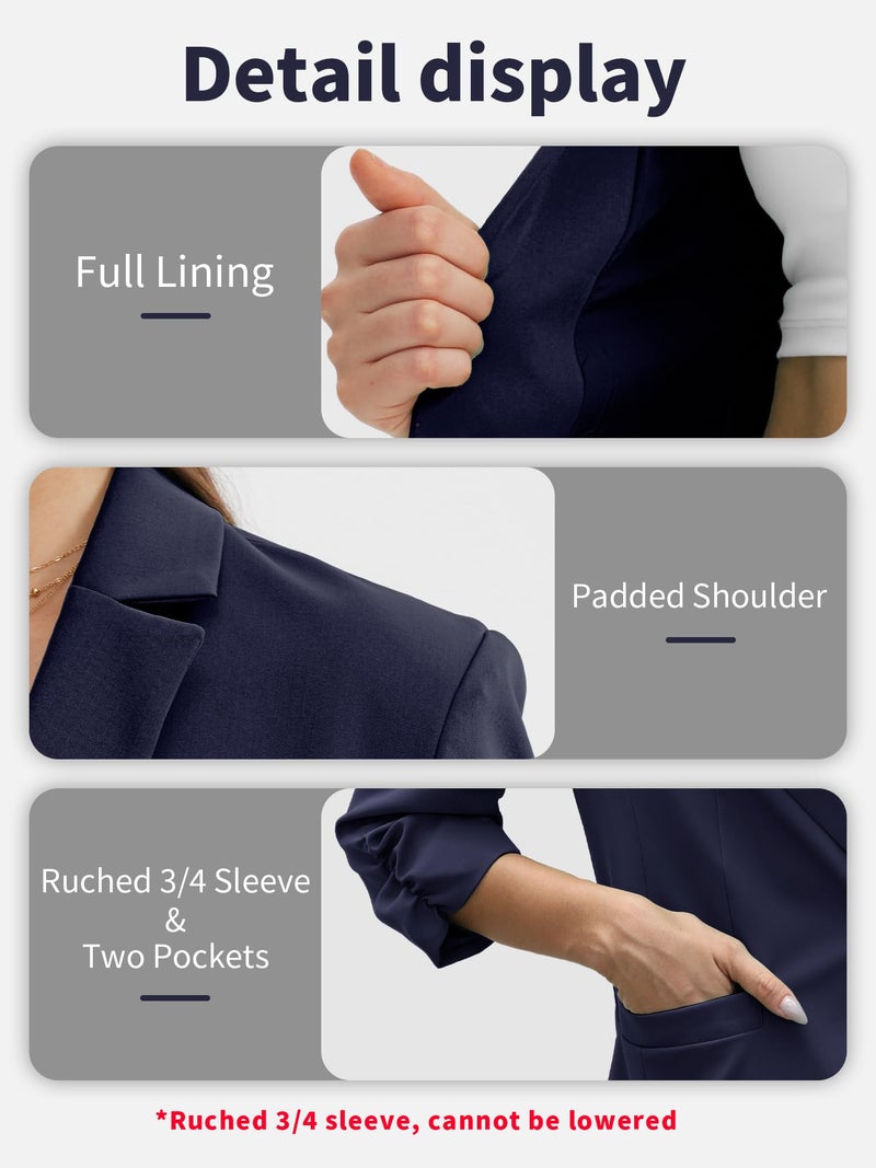 ELLEVEN Womens Blazer Business Casual Suit Jacket Slim Fit Fitted Ruched 3/4 Sleeve Petite Crop Blazer Dressy Full Lining Lightweight Outfits Coat Cardigan with Padded Shoulder Navy Blue Large - Image 5