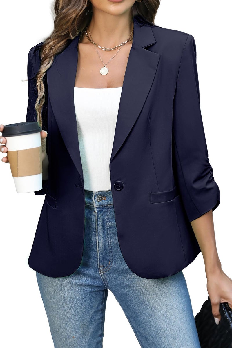ELLEVEN Womens Blazer Business Casual Suit Jacket Slim Fit Fitted Ruched 3/4 Sleeve Petite Crop Blazer Dressy Full Lining Lightweight Outfits Coat Cardigan with Padded Shoulder Navy Blue Large - Image 1