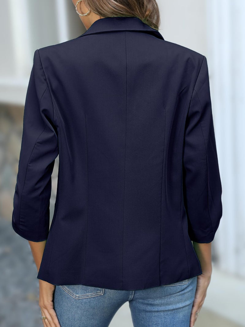 ELLEVEN Womens Blazer Business Casual Suit Jacket Slim Fit Fitted Ruched 3/4 Sleeve Petite Crop Blazer Dressy Full Lining Lightweight Outfits Coat Cardigan with Padded Shoulder Navy Blue Large - Image 3