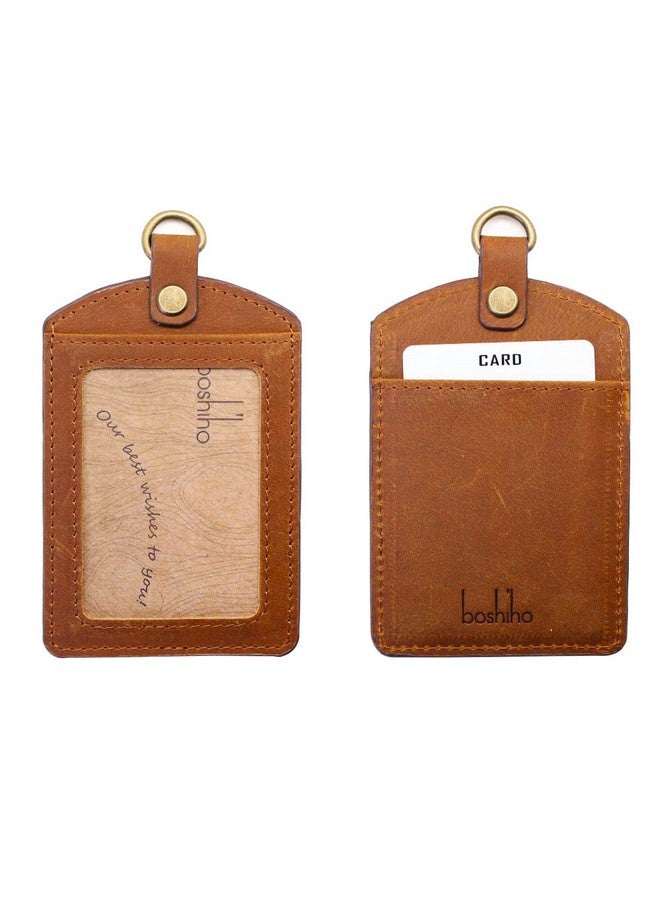 boshiho Older: Boshiho Cowhide Leather Id Badge Card Holder With 19" Neck Lanyard, Vertical Style (Light Brown) - Image 2