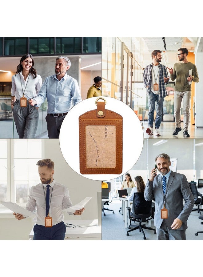 boshiho Older: Boshiho Cowhide Leather Id Badge Card Holder With 19" Neck Lanyard, Vertical Style (Light Brown) - Image 3