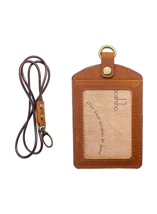 boshiho Older: Boshiho Cowhide Leather Id Badge Card Holder With 19" Neck Lanyard, Vertical Style (Light Brown) - Image 1