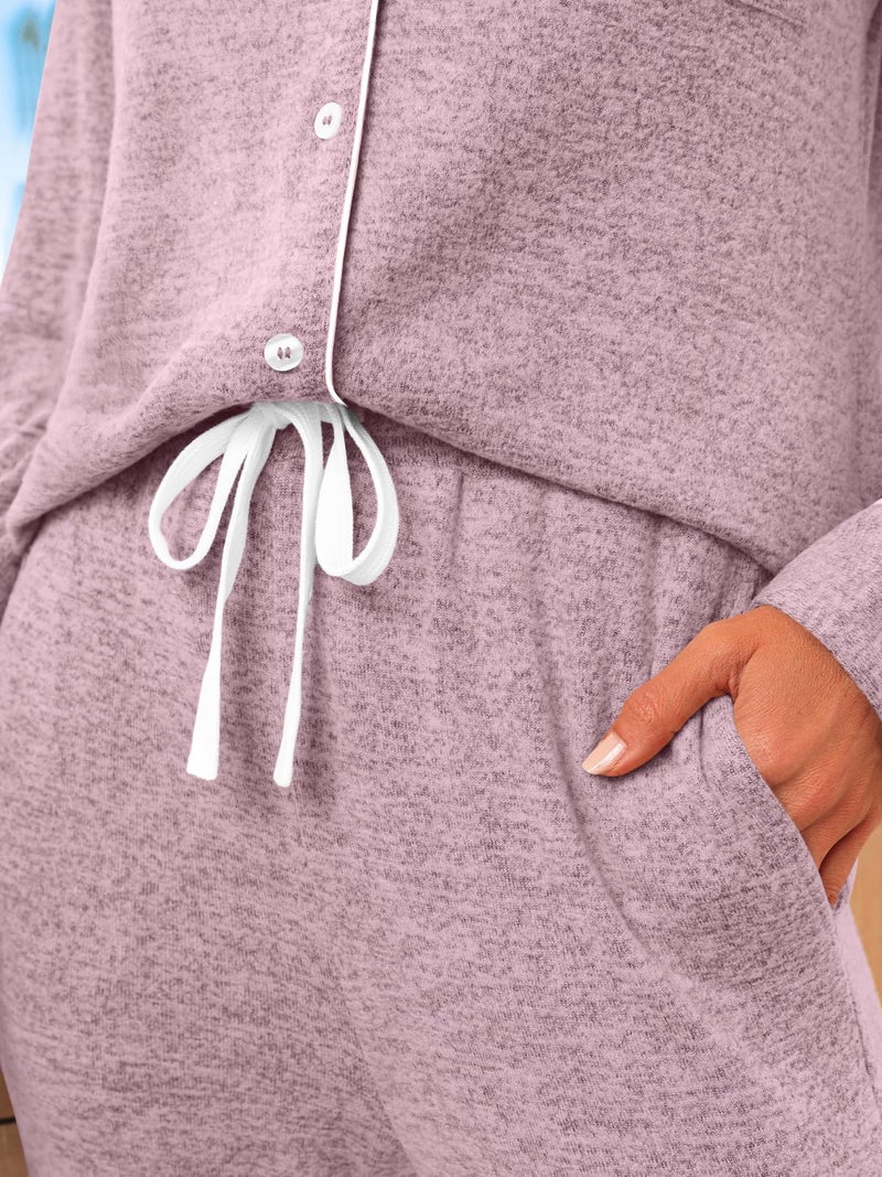 LILLUSORY Women's Long Sleeve Pajama Set - Soft Button-Down Top & Comfortable Drawstring Pants with Pockets Coral XS - Image 5