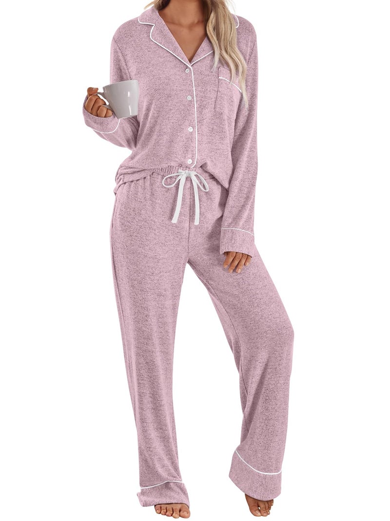 LILLUSORY Women's Long Sleeve Pajama Set - Soft Button-Down Top & Comfortable Drawstring Pants with Pockets Coral XS - Image 1