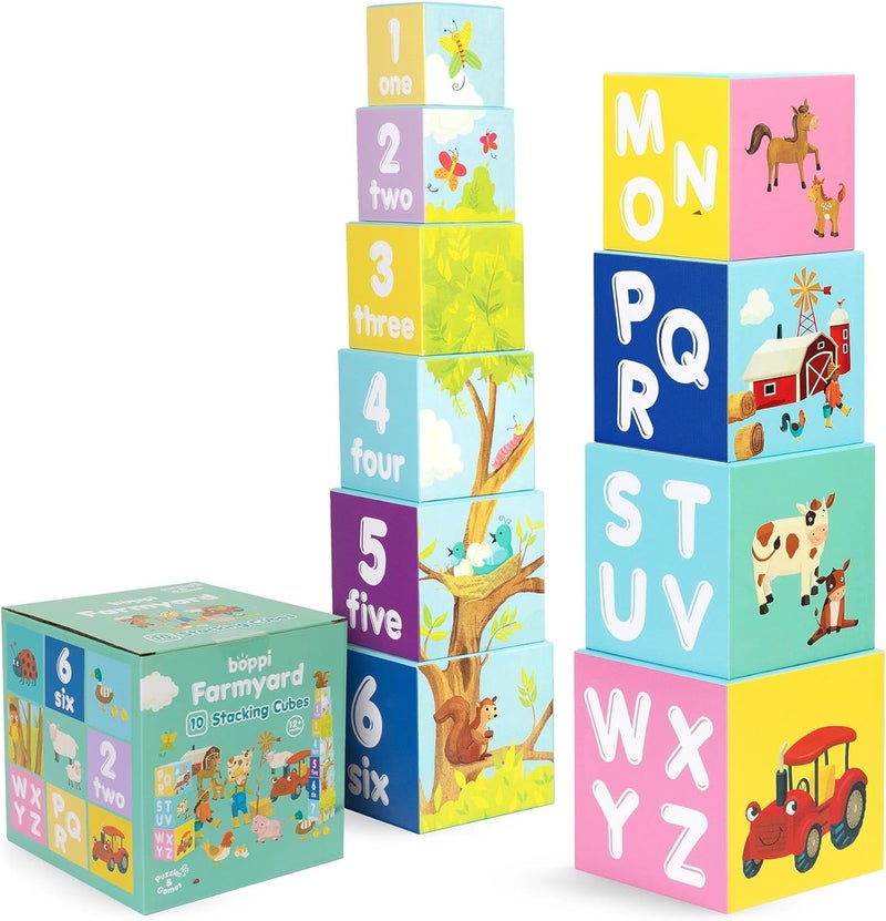 Boppi Stacking Cube Toy with Farm Animals Letters Numbers, Montessori Cube Stacking Toy from 1 Year Stacking Tower as Motor Skills Toy Stacking Game from 1 Year Letters Cube Set - Image 1