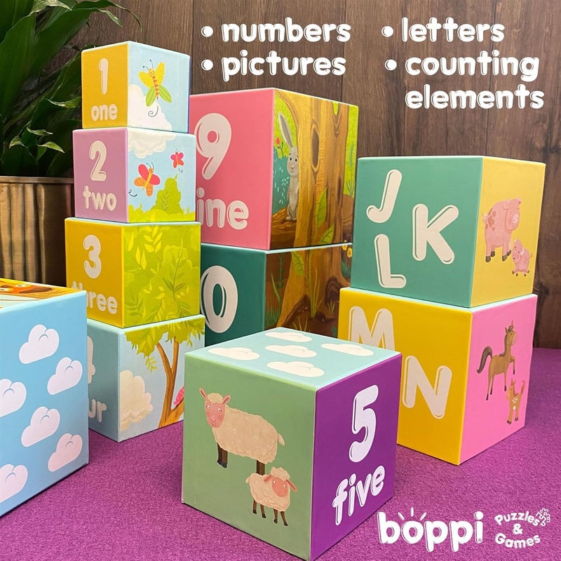 Boppi Stacking Cube Toy with Farm Animals Letters Numbers, Montessori Cube Stacking Toy from 1 Year Stacking Tower as Motor Skills Toy Stacking Game from 1 Year Letters Cube Set - Image 2