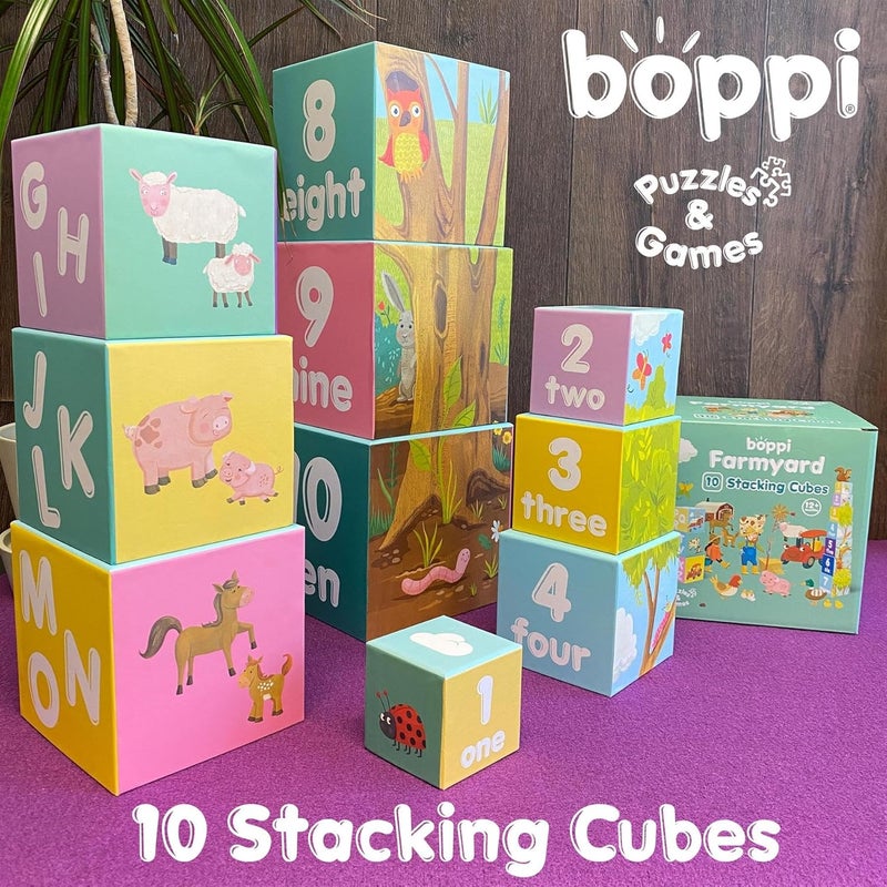 Boppi Stacking Cube Toy with Farm Animals Letters Numbers, Montessori Cube Stacking Toy from 1 Year Stacking Tower as Motor Skills Toy Stacking Game from 1 Year Letters Cube Set - Image 3