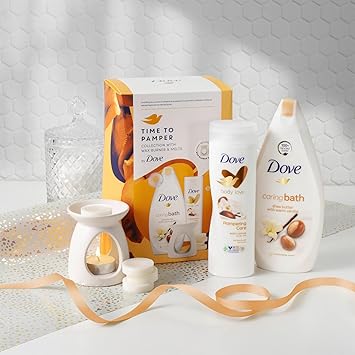 Dove مجموعة دوف للاسترخاء مع نقع الحمام المرطب لوشن الجسم المحبب 2 قطعة مجموعة هدايا جاهزة لها مع موقد شمع 4 قطع من الشمع - Image 3