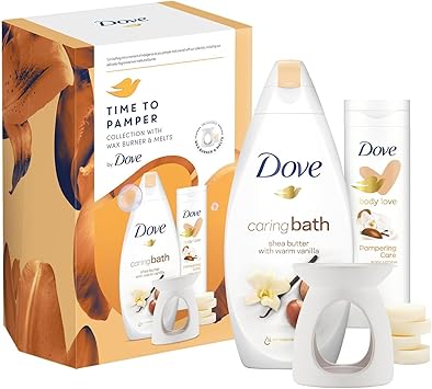 Dove مجموعة دوف للاسترخاء مع نقع الحمام المرطب لوشن الجسم المحبب 2 قطعة مجموعة هدايا جاهزة لها مع موقد شمع 4 قطع من الشمع - Image 1