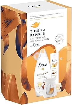 Dove مجموعة دوف للاسترخاء مع نقع الحمام المرطب لوشن الجسم المحبب 2 قطعة مجموعة هدايا جاهزة لها مع موقد شمع 4 قطع من الشمع - Image 4