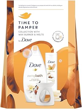 Dove مجموعة دوف للاسترخاء مع نقع الحمام المرطب لوشن الجسم المحبب 2 قطعة مجموعة هدايا جاهزة لها مع موقد شمع 4 قطع من الشمع - Image 5