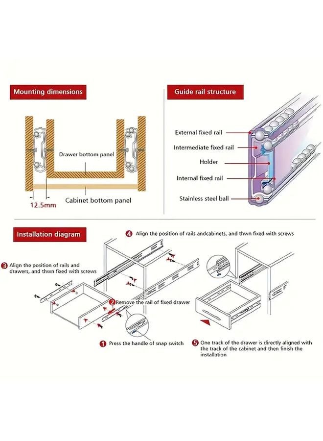 16 بوصة 4 قطع أدراج انزلاقية ثقيلة بمحامل كريات، سعة تحميل 120 رطلاً، امتداد كامل، فضي - Image 5