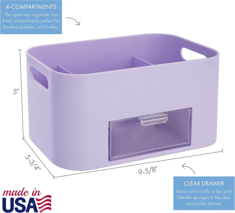 STORi Bliss 4-Compartment Plastic Vanity Organizer with Small Accessory Drawer in Lilac Purple | Rectangular Makeup, Skincare, & Cosmetic Storage Bin with Pass-Through Handles | Made in USA - Image 5