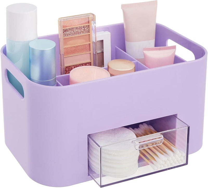 STORi Bliss 4-Compartment Plastic Vanity Organizer with Small Accessory Drawer in Lilac Purple | Rectangular Makeup, Skincare, & Cosmetic Storage Bin with Pass-Through Handles | Made in USA - Image 1