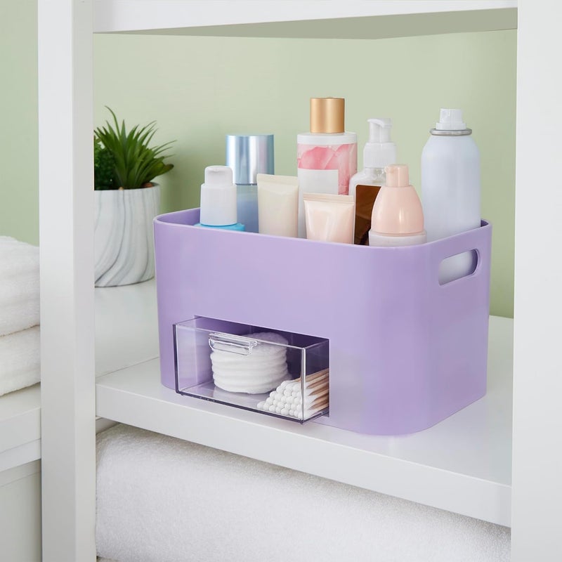 STORi Bliss 4-Compartment Plastic Vanity Organizer with Small Accessory Drawer in Lilac Purple | Rectangular Makeup, Skincare, & Cosmetic Storage Bin with Pass-Through Handles | Made in USA - Image 3