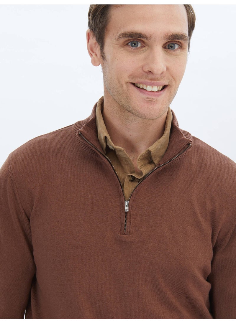 Kip - Brown Half Turtleneck Patterned Cotton Blend Sweater - Image 1