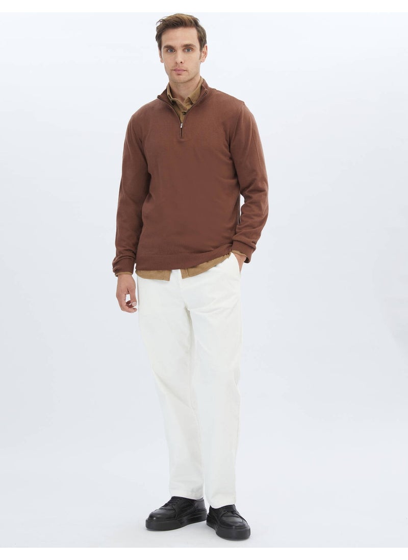 Kip - Brown Half Turtleneck Patterned Cotton Blend Sweater - Image 1