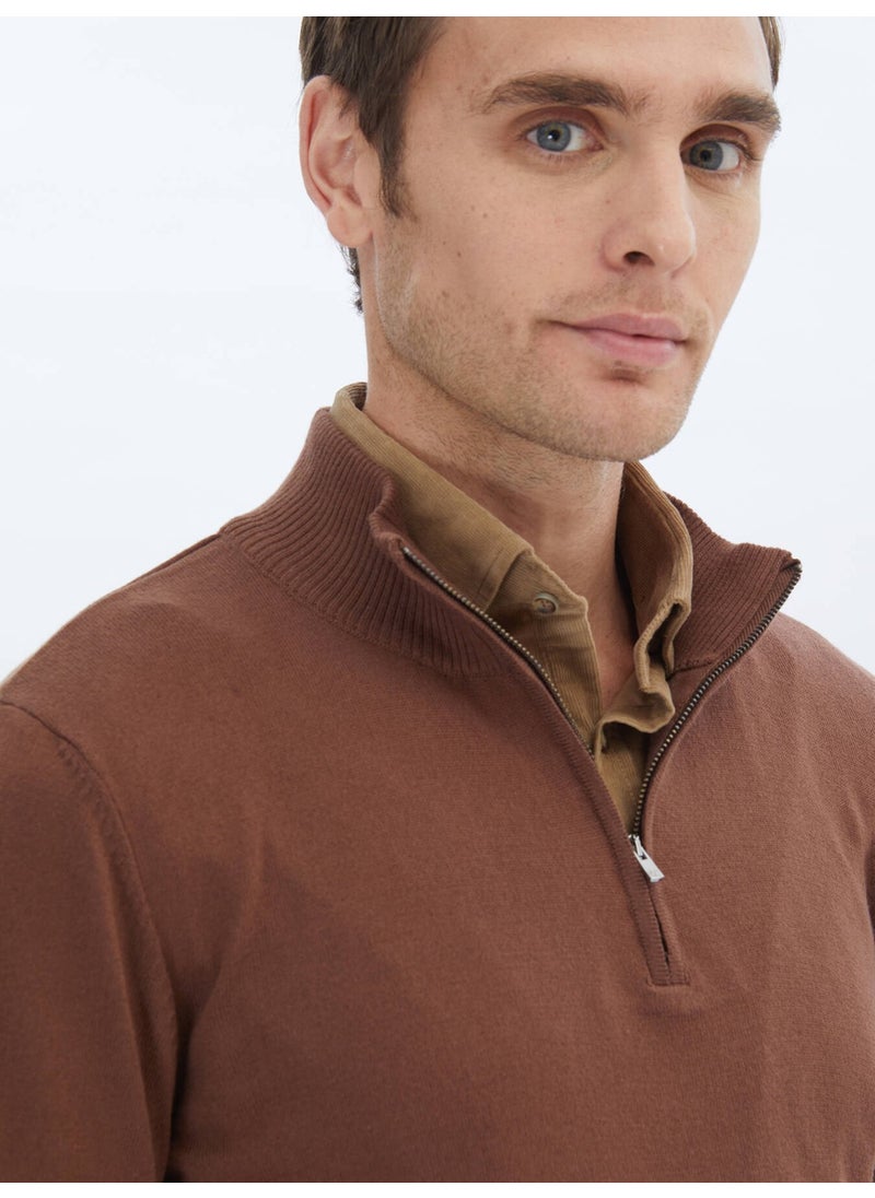 Kip - Brown Half Turtleneck Patterned Cotton Blend Sweater - Image 1