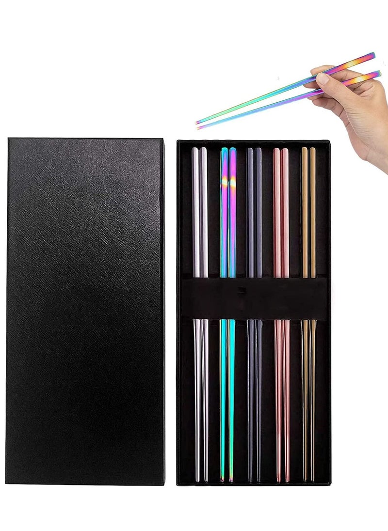 نيبمينينت Stainless Steel Chopsticks-Multicolor Reusable Chopsticks-5 Pairs Dishwasher Safe Metal Chopsticks-Easy to Use-Square Lightweight Chopsticks Stick-Gift Set, Kitchen, Tableware  - Image 1