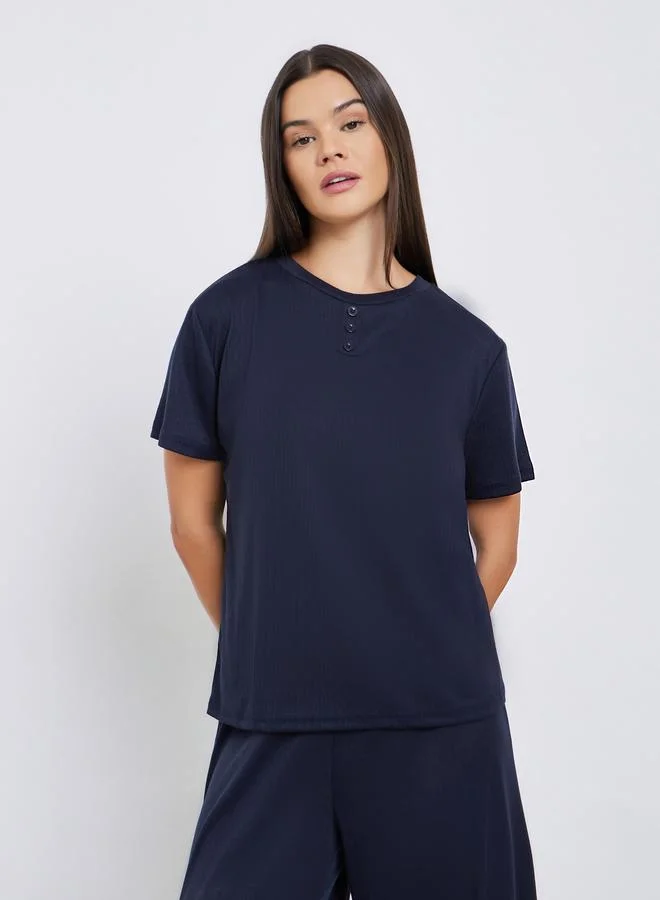 Styli Styli Pointelle Round Neck Placket T-Shirt and Wide Leg Pyjama Set