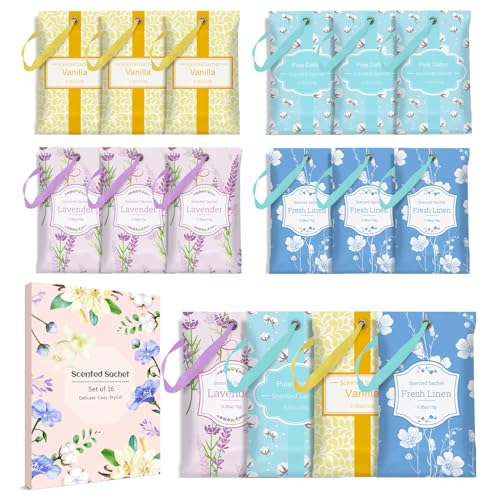 SCENTORINI Scented Sachets Linen Lavender Cotton Vanilla 4 Fragrance for Wardrobe Drawers Closets Cupboard 16 Pack