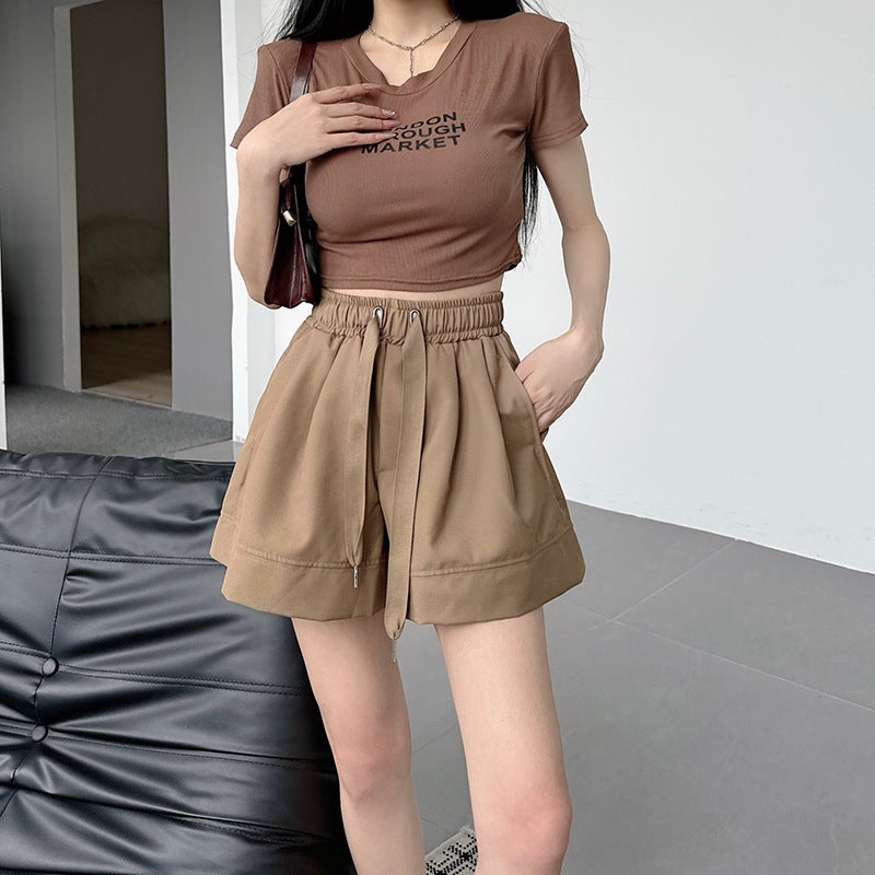 [Real S Twill Silk] Elastic High Waist Wide Leg Pants Children'S Summer Loose Slimming Thin Casual Shorts - Image 1