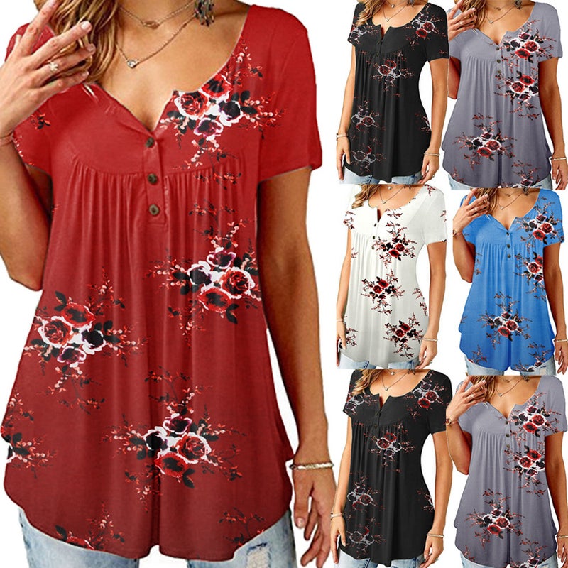 Pleated open tube button loose print short sleeve T-shirt white XXL - Image 2