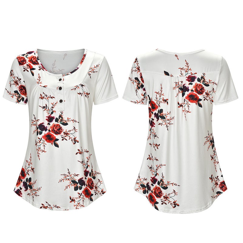 Pleated open tube button loose print short sleeve T-shirt white XXL - Image 1