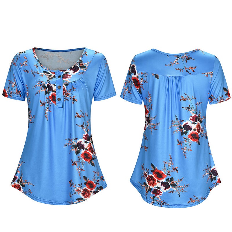 Pleated open tube button loose print short sleeve T-shirt white XXL - Image 4