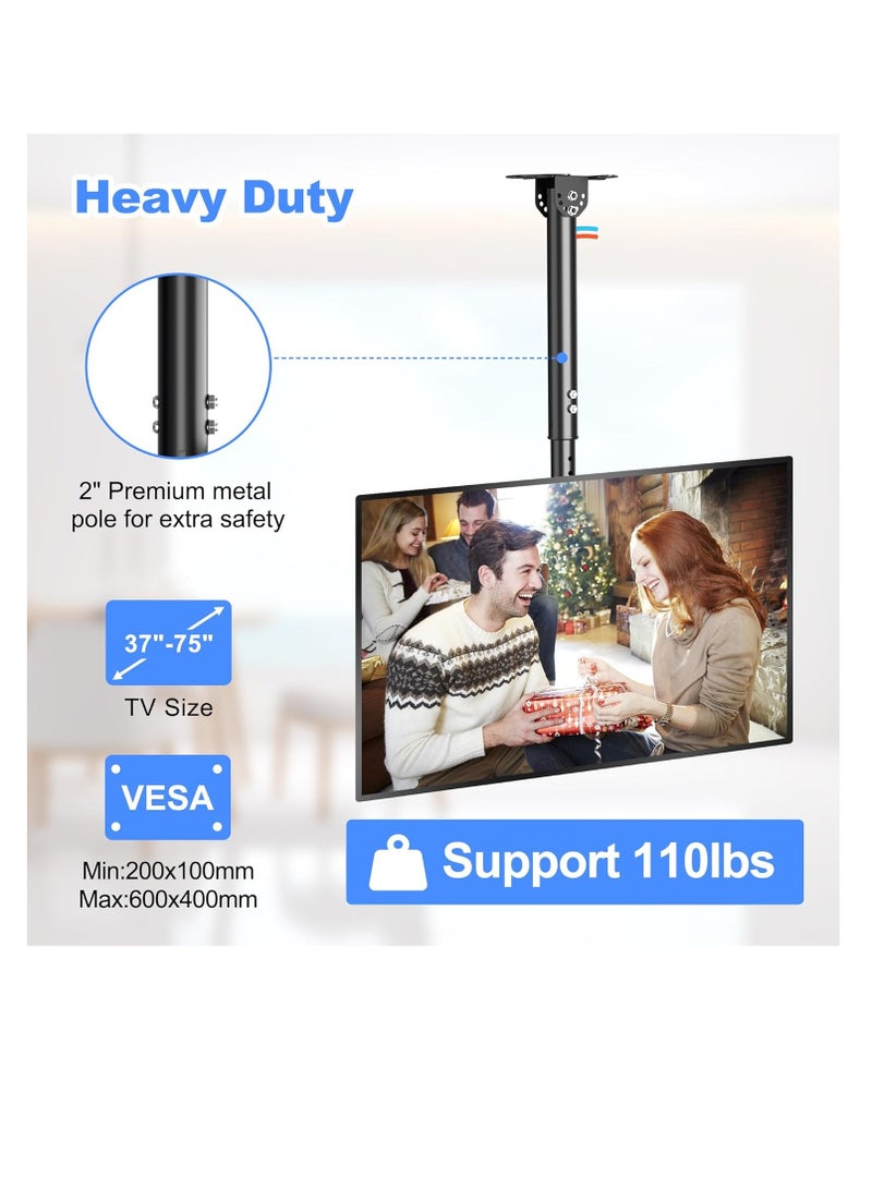 حامل تلفزيون سقف من شينلي يناسب معظم شاشات بلازما LCD LED مقاس 37-75 بوصة مع ماكس فيسا 600 × 400 ملم، تحميل حتى 50 كجم/110 باوند، قابل للدوران والإمالة بارتفاع قابل للتعديل MC61A - Image 2