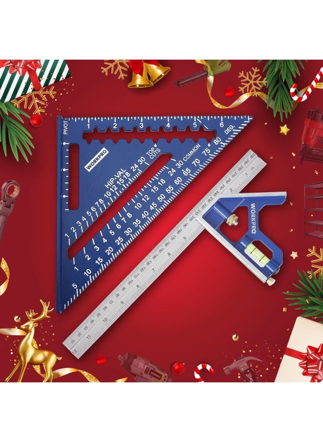 WORKPRO - Rafter Square And Combination Square Tool Set 7 In. Aluminum Alloy Die-Casting Carpenter Square And 12 Inch Zinc-Alloy Die-Casting Square Ruler Combo Rafter Square Layout Tool - Image 1