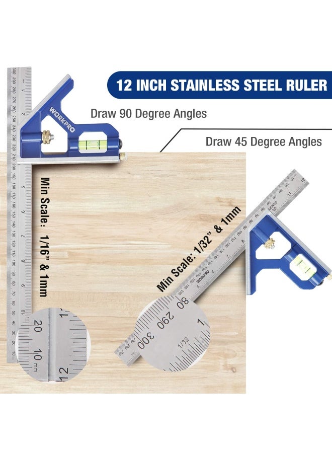 WORKPRO - Rafter Square And Combination Square Tool Set 7 In. Aluminum Alloy Die-Casting Carpenter Square And 12 Inch Zinc-Alloy Die-Casting Square Ruler Combo Rafter Square Layout Tool - Image 1