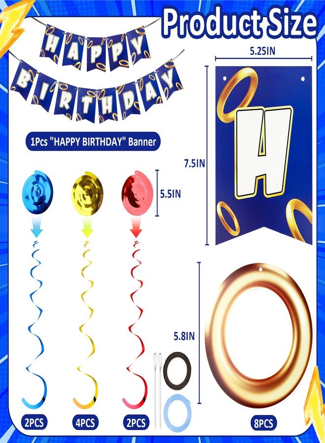 Lukinuo Cartoon Hedgehog Birthday Banner Gold Ring Birthday Party Banner for Cartoon Hedgehog Carnival Theme Birthday Decorations with 8 Pcs Gold Ring Hanging Swirl Decorations - Image 3