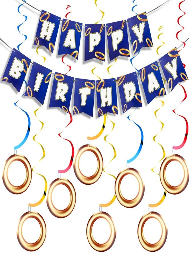 Lukinuo Cartoon Hedgehog Birthday Banner Gold Ring Birthday Party Banner for Cartoon Hedgehog Carnival Theme Birthday Decorations with 8 Pcs Gold Ring Hanging Swirl Decorations - Image 1