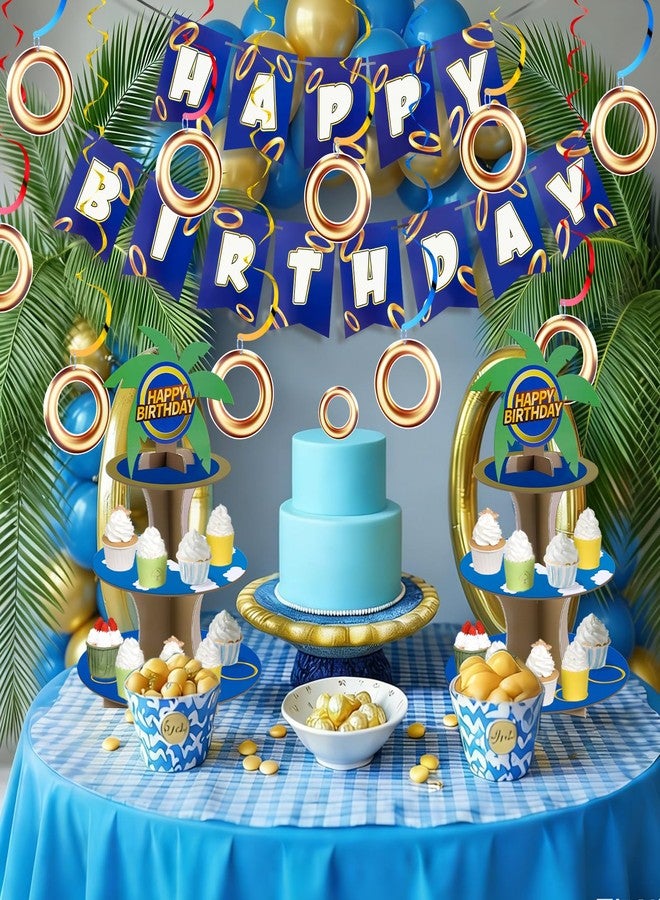 Lukinuo Cartoon Hedgehog Birthday Banner Gold Ring Birthday Party Banner for Cartoon Hedgehog Carnival Theme Birthday Decorations with 8 Pcs Gold Ring Hanging Swirl Decorations - Image 2