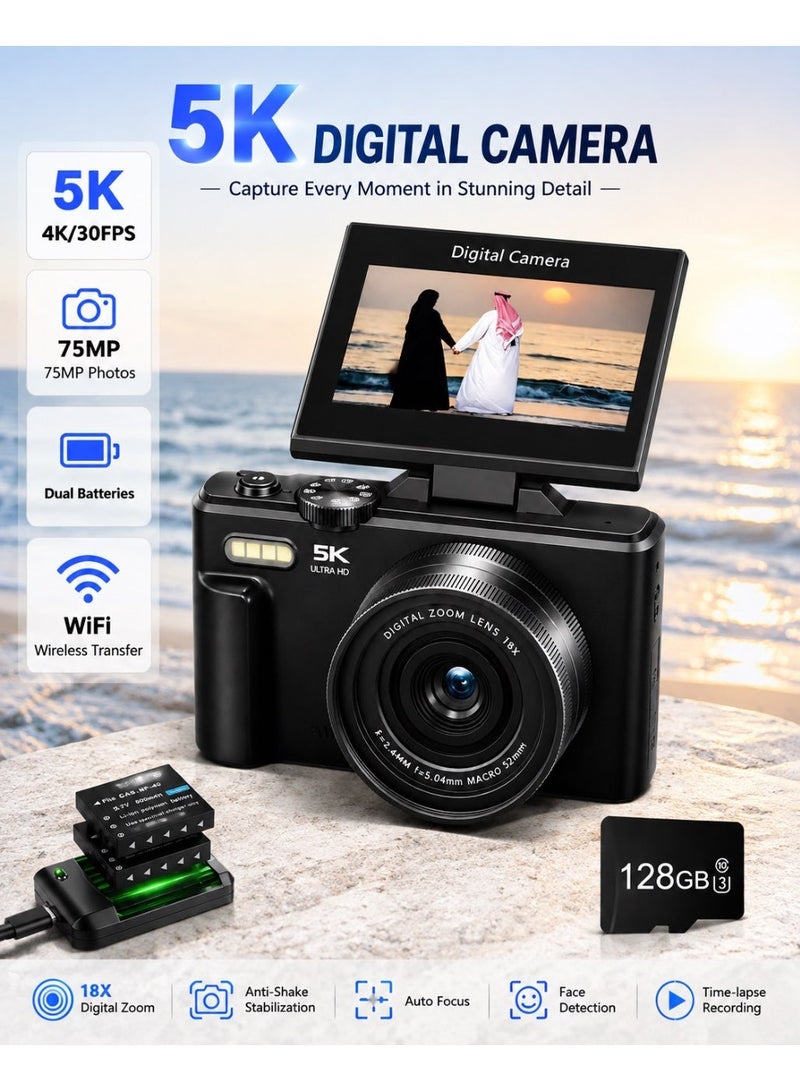 Milatech 5K Point and Shoot Digital Camera, 75MP Camera Digital for Photography, 2 Batteries,  With 128GB TF Card, 18X Digital Camera with 3" 180° Flip Screen, Vlogging Camera for Beginner Gift - Image 1