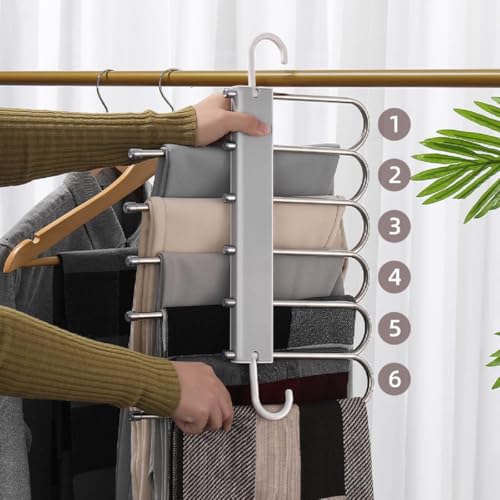 Lxoice 6 in 1 Stainless Steel Foldable for Clothes Hanging, Pant Hangers for Wardrobe, Hanger Clothes Organizer, Hanger Organizer, Trouser Hangers for Wardrobe Pack of 1 (Grey) - Image 3
