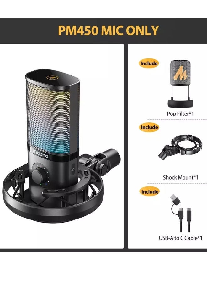 ماونو ميكروفون مكثف USB PM450 - ميكروفون استوديو مزود بحامل صدمات، ذراع ذراع، برنامج، كتم الصوت، مقبض كسب، تحكم في مستوى الصوت للبث، التسجيل، الغناء، البث الصوتي، إنشاء المحتوى، الكتب الصوتية - Image 3