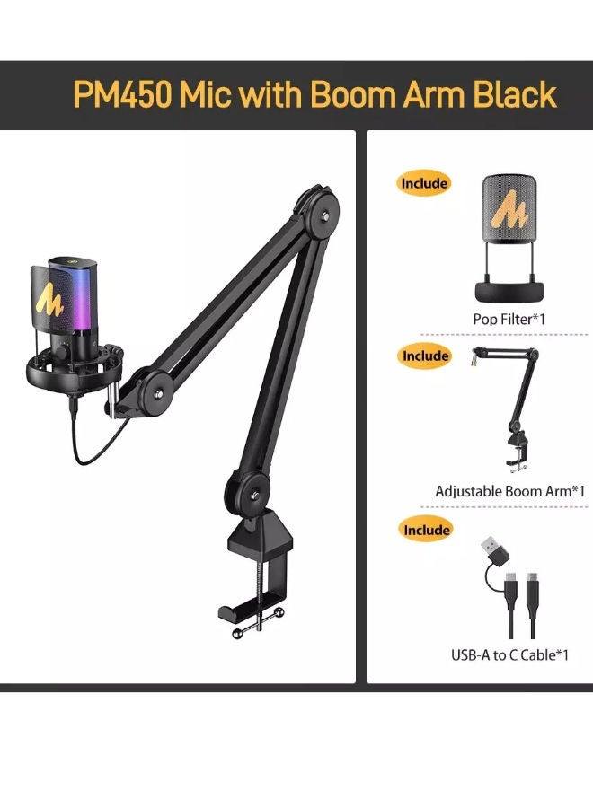 ماونو ميكروفون مكثف USB PM450 - ميكروفون استوديو مزود بحامل صدمات، ذراع ذراع، برنامج، كتم الصوت، مقبض كسب، تحكم في مستوى الصوت للبث، التسجيل، الغناء، البث الصوتي، إنشاء المحتوى، الكتب الصوتية - Image 2