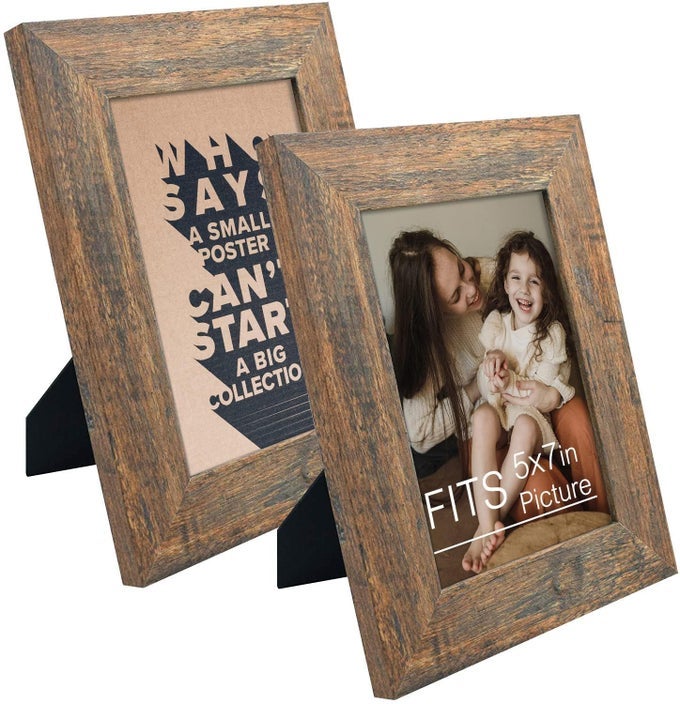 5X7 PHOTO FRAME BROWN DISTRESSED GRAIN STYLE FRAMES FOR 5 BY 7 PICTURE OR PHOTO WIDE MOULDING DESIGN WITH REAL GLASS WALL DISPLAY OR TABLETOP DISPLAY 2 PACK