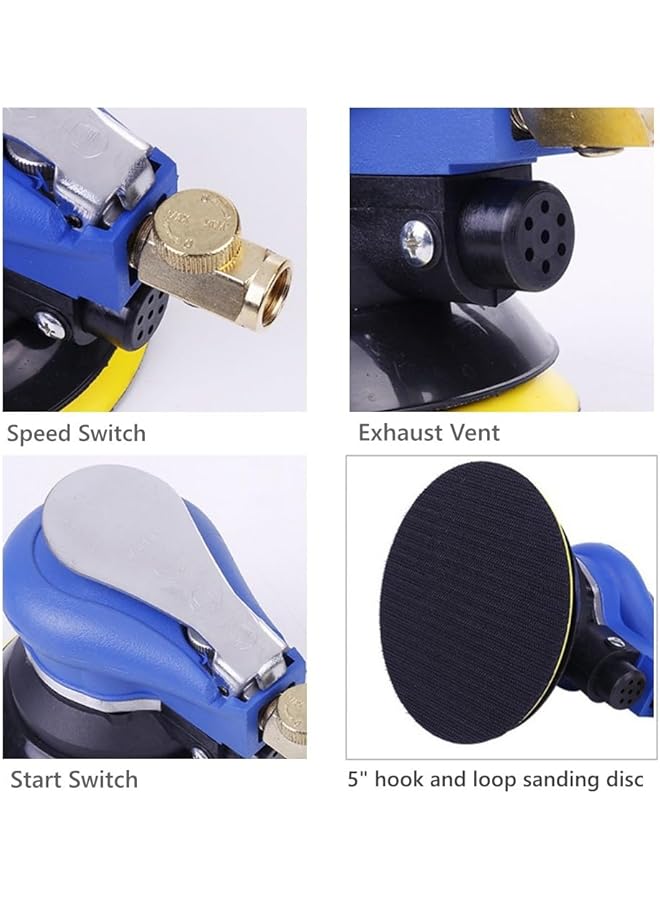 إيروريكس ماكينة صنفرة هوائية عشوائية 125 مم، ماكينة صنفرة يدوية مزدوجة الحركة مع وسادة وخطاف وحلقة تعمل بالهواء وخالية من الدوامات، 5 بوصات، أزرق - Image 3