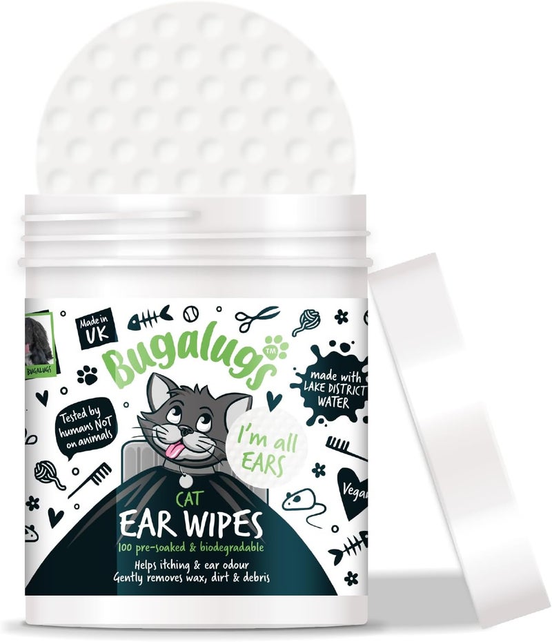 Bugalugs Cat Ear Wipes - 100 Pre-Soaked Biodegradable Wipes - Image 1