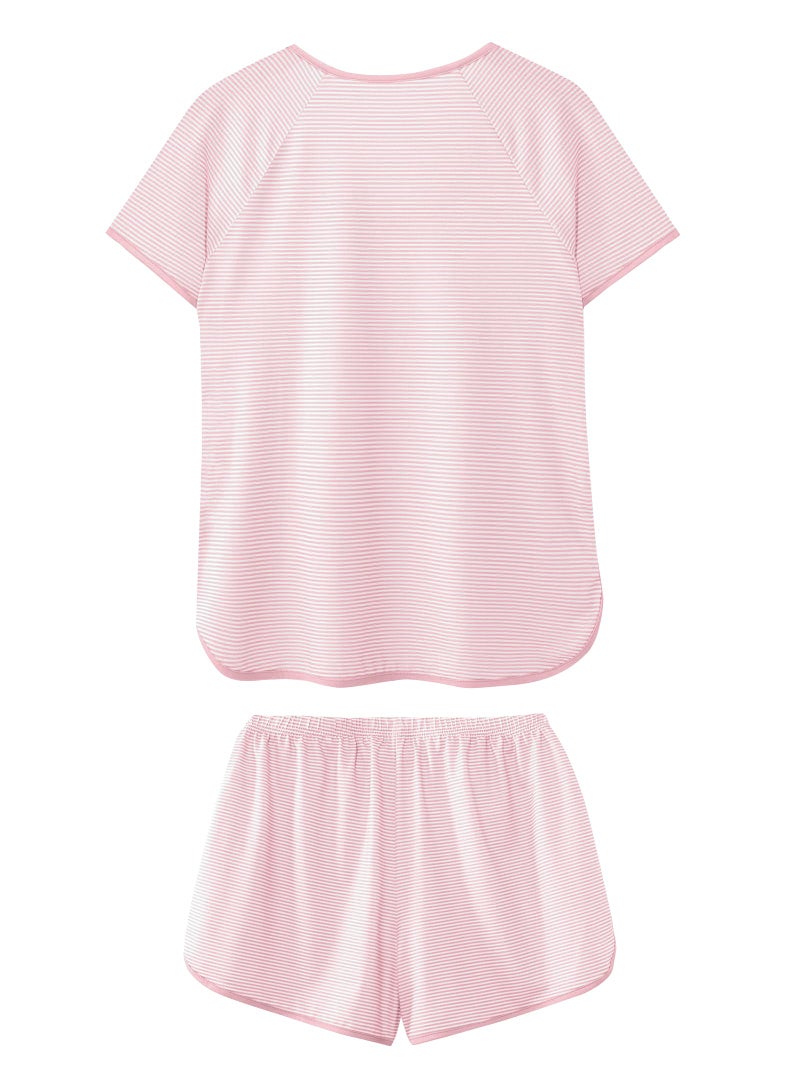 Hilinker Women Striped Pajama Set Short Sleeve Top with Shorts Sleepwear 2 Piece Lounge Sets White Pink Stripe X-Large - Image 4