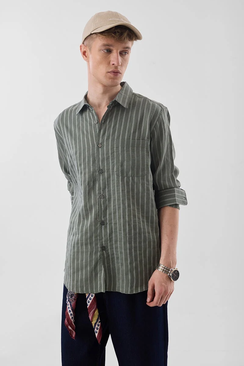SNITCH Olive Stripes Slim Fit Stretch Luxe Shirt