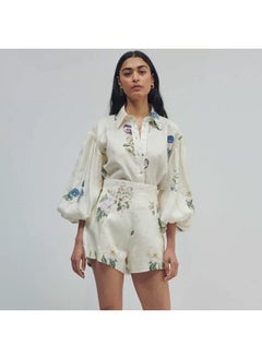 Madam Uniq Elegant Floral Long Sleeve Blouse and High-Waisted Shorts Two-Piece Set for Effortless Commuter Style  - Image 4
