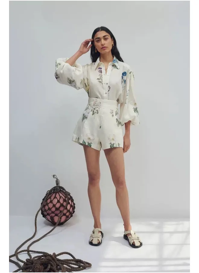 Madam Uniq Elegant Floral Long Sleeve Blouse and High-Waisted Shorts Two-Piece Set for Effortless Commuter Style