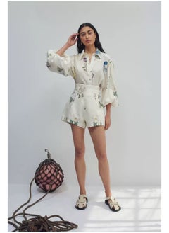 Madam Uniq Elegant Floral Long Sleeve Blouse and High-Waisted Shorts Two-Piece Set for Effortless Commuter Style  - Image 1