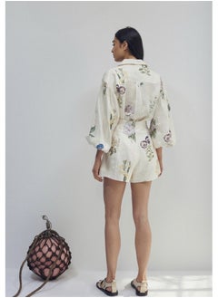 Madam Uniq Elegant Floral Long Sleeve Blouse and High-Waisted Shorts Two-Piece Set for Effortless Commuter Style  - Image 2