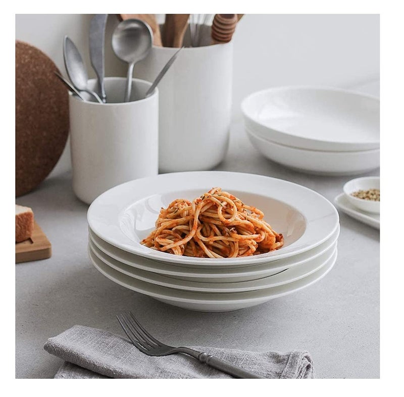 E - Ezra Tableware White Fine Porcelain Deep Pasta Plate Soup Plate/Meggie Plate/Gravy (22 cm, 4-Plates) - Image 1