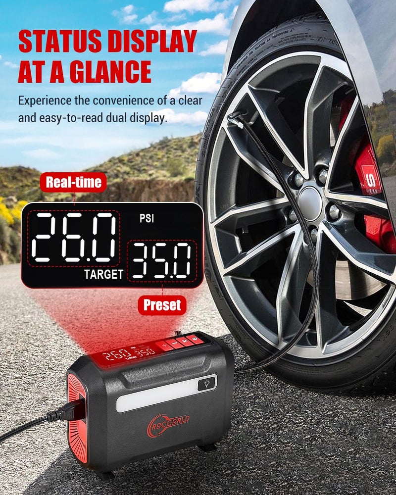 ROCGORLD R8 Tire Inflator Portable Air Compressor, DC 12V Air Compressor Portable with Large Dual Digital Screen, 3X Faster Inflation Air Pump for Car, Bike, Ball, Motor - Image 3
